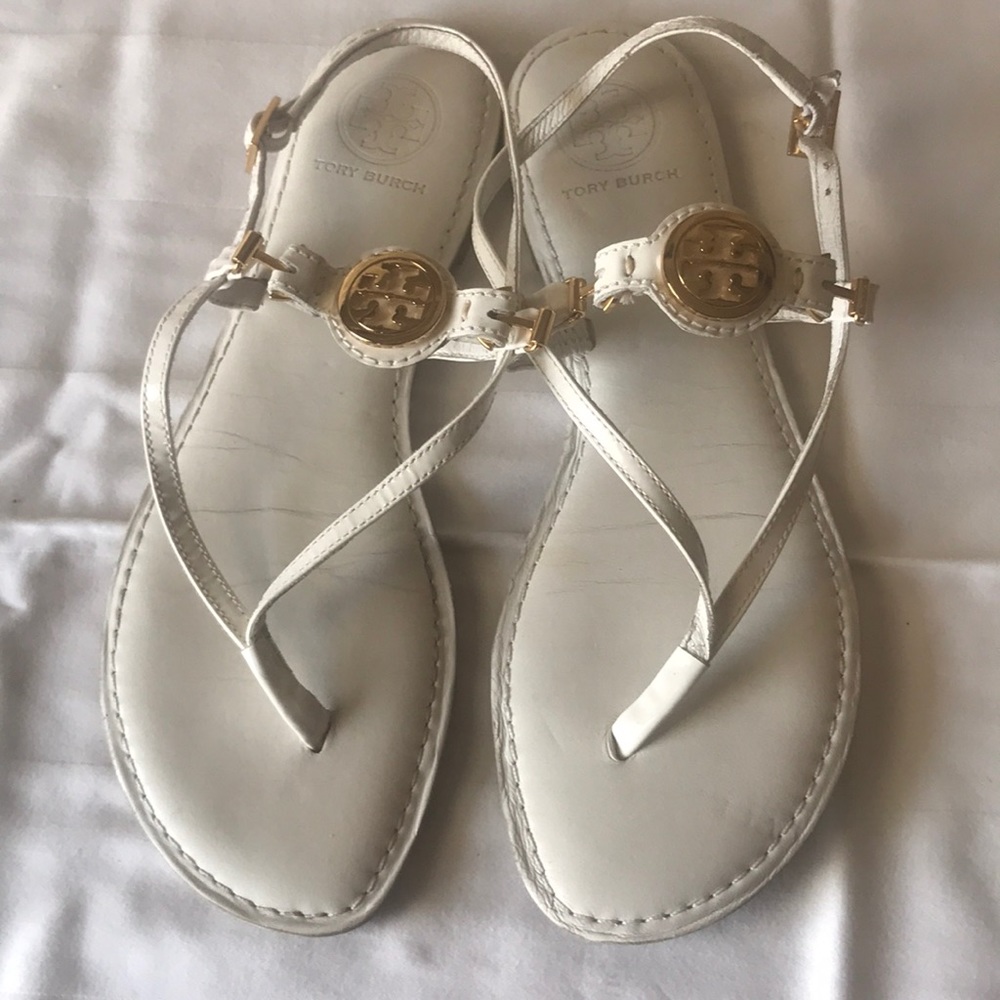 White patent leather sling back thong sandal
